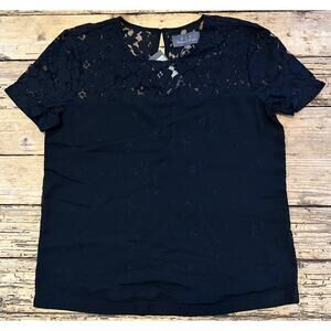PJK Women’s Size S Black Short Sleeve Top W Lace Shoulder And Chest Blouse NWT